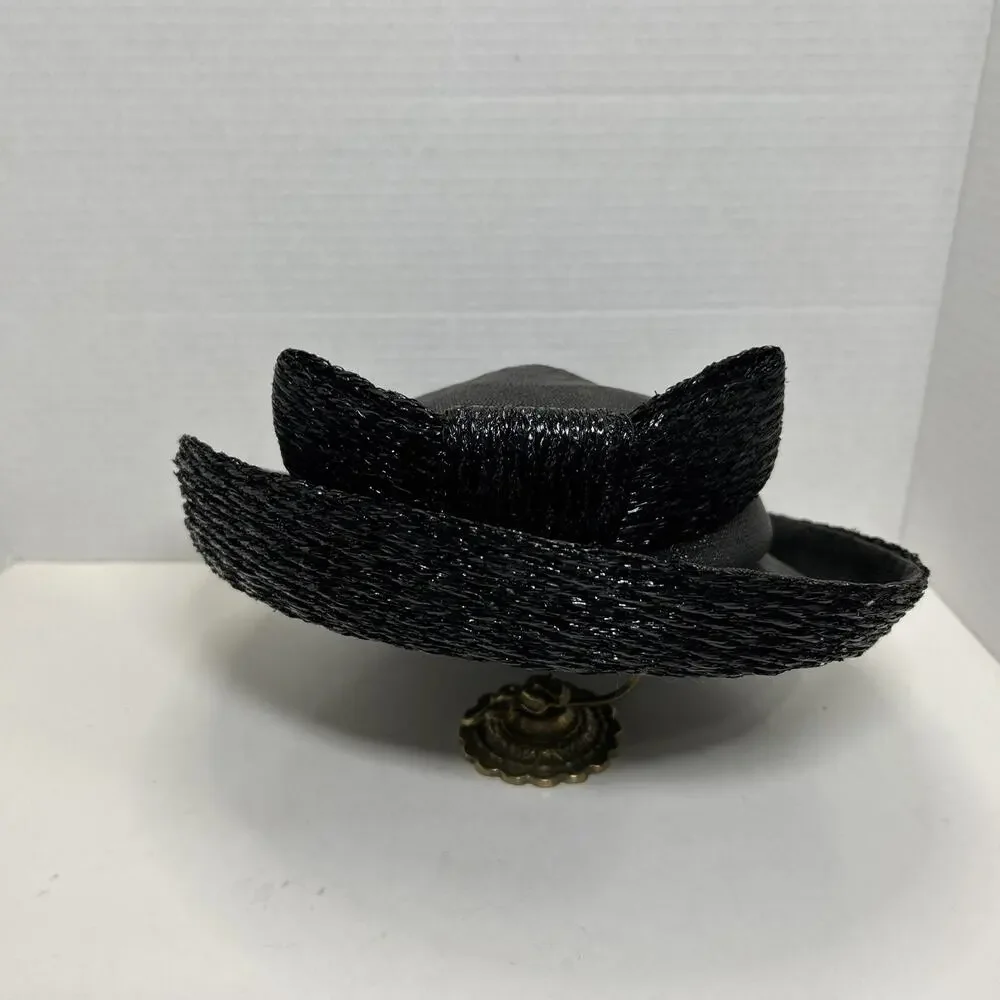 Vtg Hattie Carnegie I Magnin Co., Black Cloche Hat 1950s Woven Ratten Bow Hat